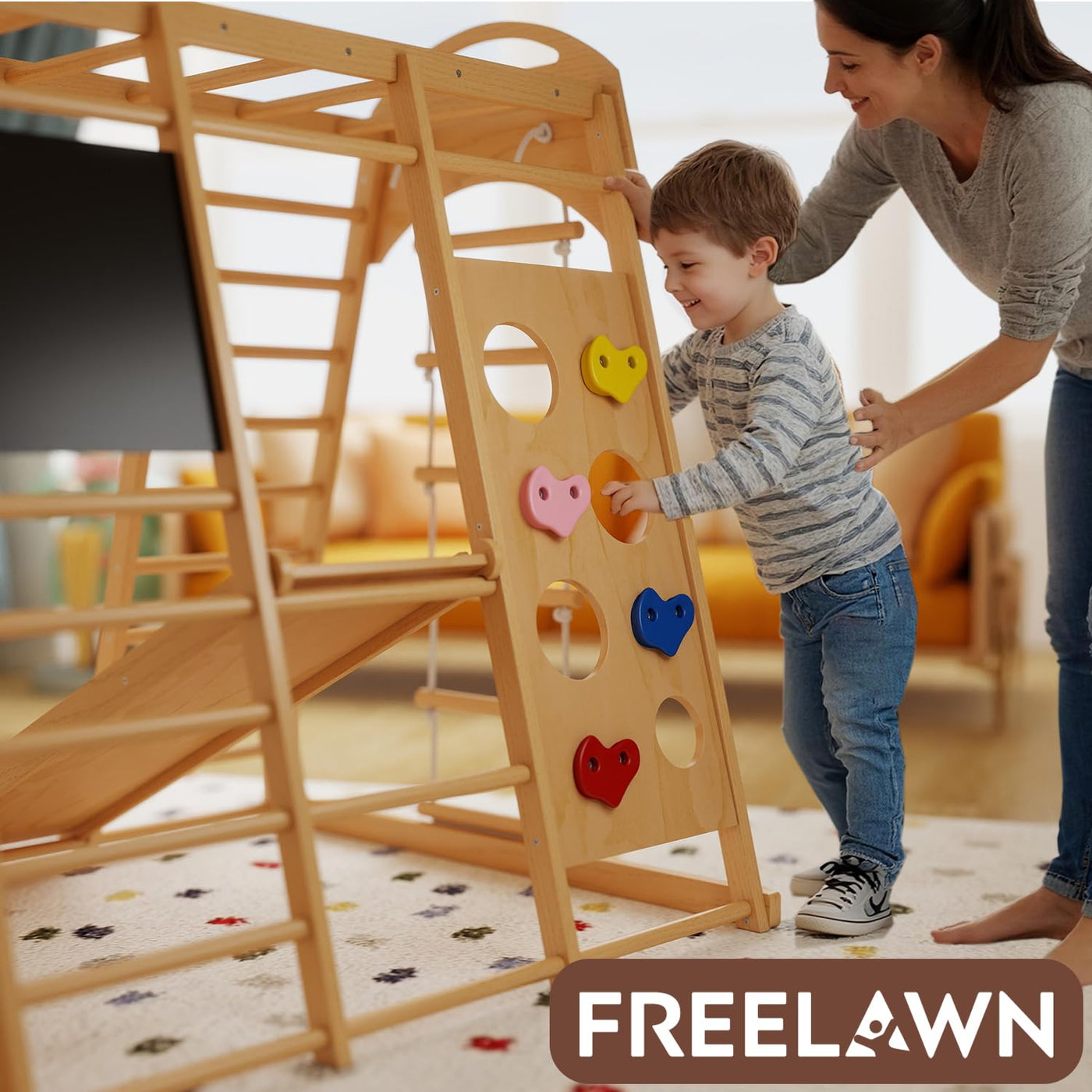 Freelawn Klettergerüst Indoor Montessori 9-in-1 Holz Spielplatz - Kletternetz, Rutsche, Sprossenwand für Kinder 1-6 Jahre (Natur)