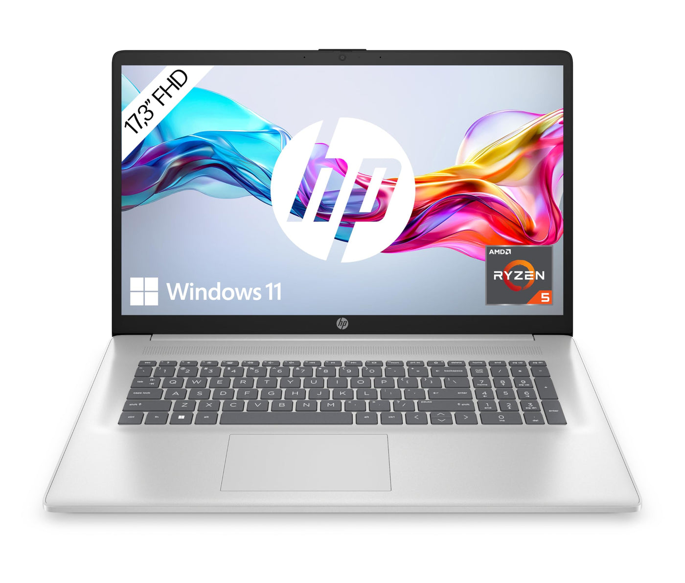 HP Laptop mit 17,3" FHD Display, AMD Ryzen 5 7520U, 16GB DDR5 RAM, 512 GB SSD, AMD Radeon-Grafik, Windows 11, QWERTZ, Silber inkl. 25 GB Dropbox-Speicher für 12 Monate
