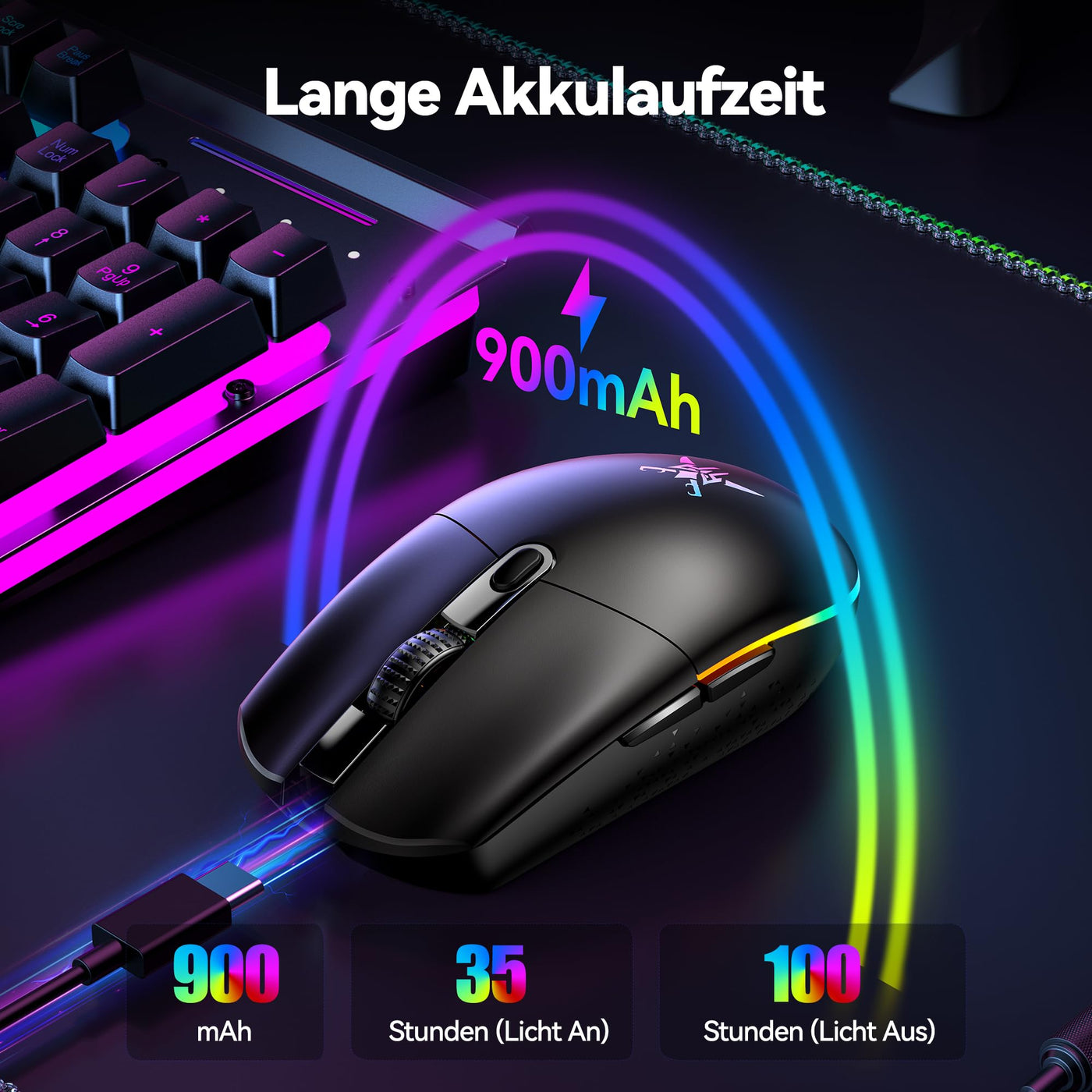 TECKNET Kabellose Gaming-Maus, 8000 DPI Wiederaufladbare Gaming Maus, Dual-Modus 2,4 G und Kabelgebundene Maus, 6 RGB-Modi, PC Gaming Mouse mit Programmierbaren Tasten, für Windows XP/11/10/8/7, etc