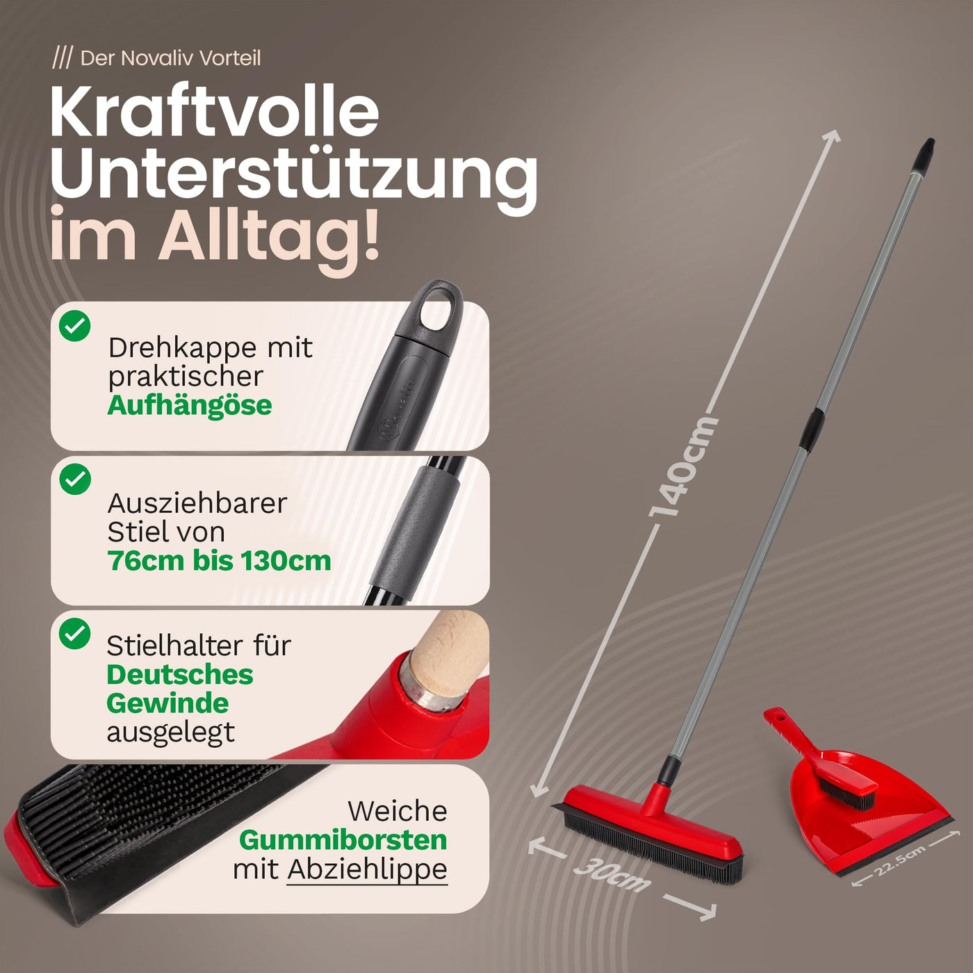 Novaliv Gummibesen mit Teleskopstiel & Kehrgarnitur Friseurbesen Set Gummi Noppenbesen Hundehaarentferner Broom Parkett Besen für Drinnen Teppichbesen Bodenabzieher Haushaltsbesen Wunderbesen