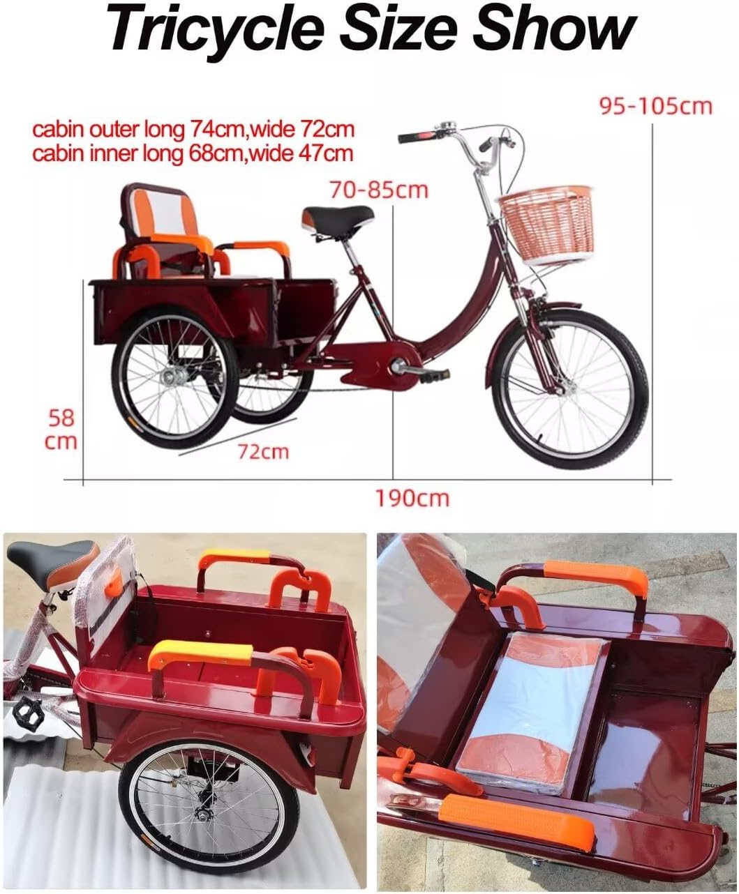 LSQXSS Outdoor-Cruiser-Fahrräder mit hinterer Kabine, älteres Roller-Dreirad mit hinterem Beifahrersitz, Freizeit-Einkaufswagen-Rikscha-Tretfahrrad für Erwachsene, Stoßdämpfer-Vordergabel