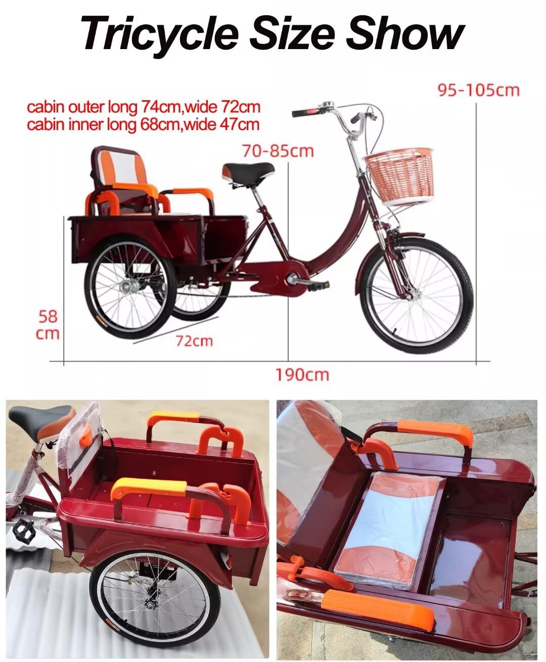 LSQXSS Outdoor-Cruiser-Fahrräder mit hinterer Kabine, älteres Roller-Dreirad mit hinterem Beifahrersitz, Freizeit-Einkaufswagen-Rikscha-Tretfahrrad für Erwachsene, Stoßdämpfer-Vordergabel
