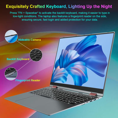 jumper Regenbogen Laptop 16 Zoll, 2 in 1 Convertible Pride Laptops, 16GB DDR4 640GB ROM Notebook, 1 Jahr Office 365, Fingerabdruckleser, QWERTZ Tastatur mit Hintergrundbeleuchtung, WiFi 6, 53.2WH