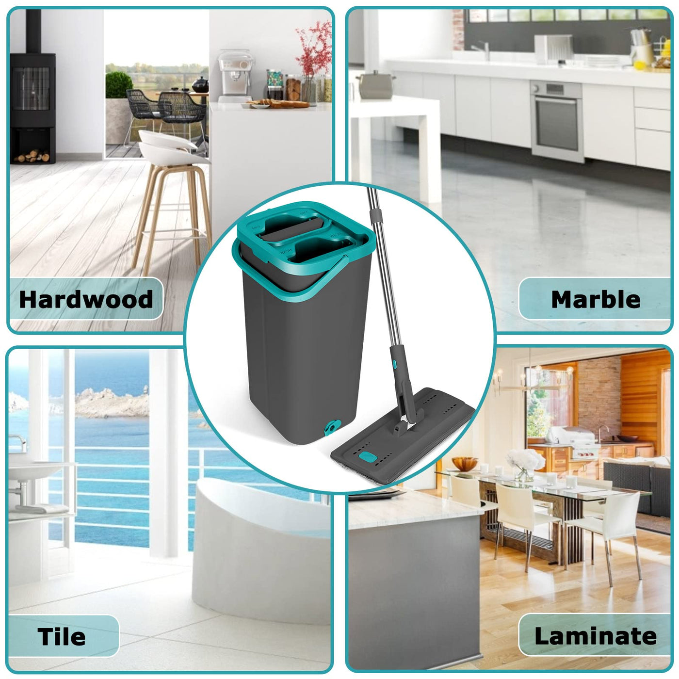 Masthome Wischmopp Set mit Eimer, Putzeimer mit Wischmop mit 6 Wischpads,Bodenwischer mit Auswringfunktion,Flachmopp und Putzeimer Set für Bodenreinigung Hartholz, Fliesen, Laminat - Grau+Blau