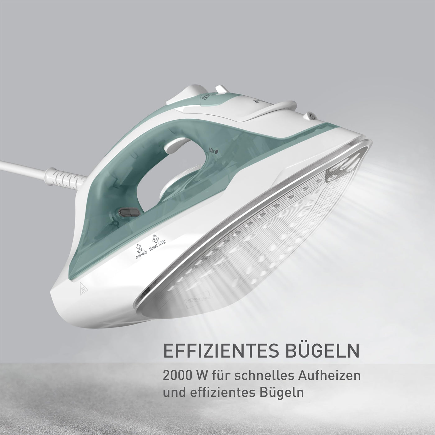 Tefal Virtuo 30 Dampfbügeleisen, 2000 W, 27 g/Min. Dampfabgabe, 120 g/Min. Dampfstoß, 30 Sek. Aufheizzeit, Vertikaldampf, Tropfstopp, Präzisionsbügelspitze, Eukalyptus, FV2C42E0