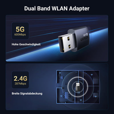 UGREEN WLAN Stick AX900 WiFi 6 Primär WLAN Adapter PC Dual Band 2,4G/5GHz, Internet Stick mit eingebauter Treiber, WPA2-PSK Verschlüsselung, Kompatibel mit Windows 11/10.