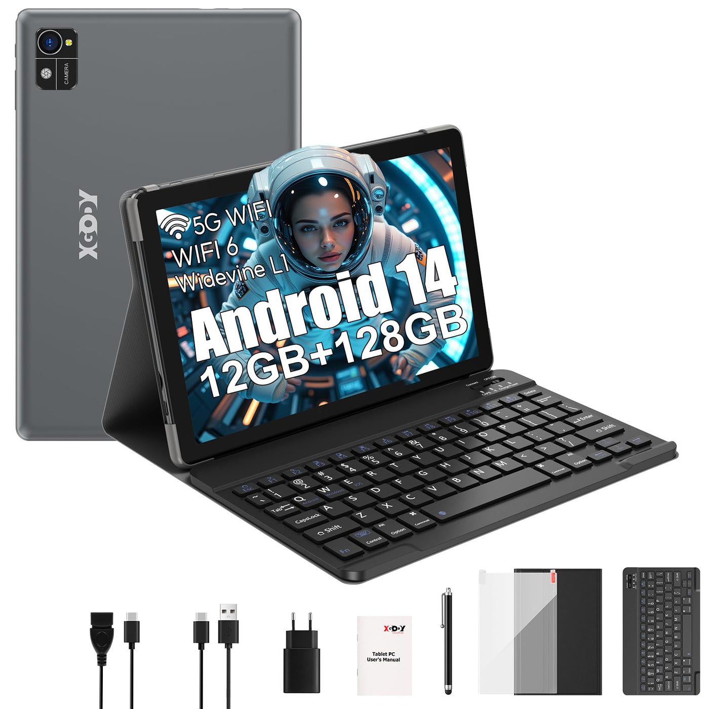 XGODY 10 Zoll Android 14 Tablet mit Tastatur 2,4G/5G WLAN 2,0 GHz | 12 GB RAM + 128 GB ROM (TF 1 TB) | FHD | 5+13 MP Kamera | 7000 mAh | Bluetooth 5.0,Tablet PC – Schwarz