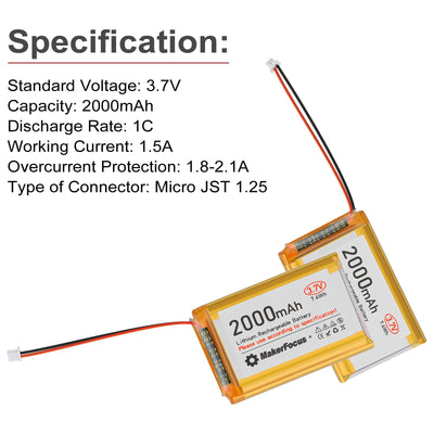Seamuing 4 Stück 3,7V 2000mAh Lithium Batterie 1S 1C LiPo Akku mit Schutzplatine, Isolierband und Micro JST 1.25-Stecker für Arduino, ESP32-Entwicklungsplatine