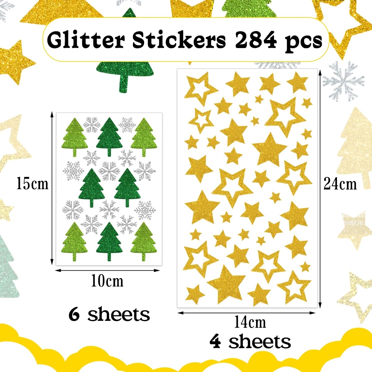 280+ Weihnachtssticker, Glitzer Weihnachtsaufkleber, Tannenbaum Sterne Schneeflocken Sticker, Selbstklebend Weihnachtsdeko für Karten, Geschenke, Adventskalender, Weihnachten Basteln （10 Bogen）