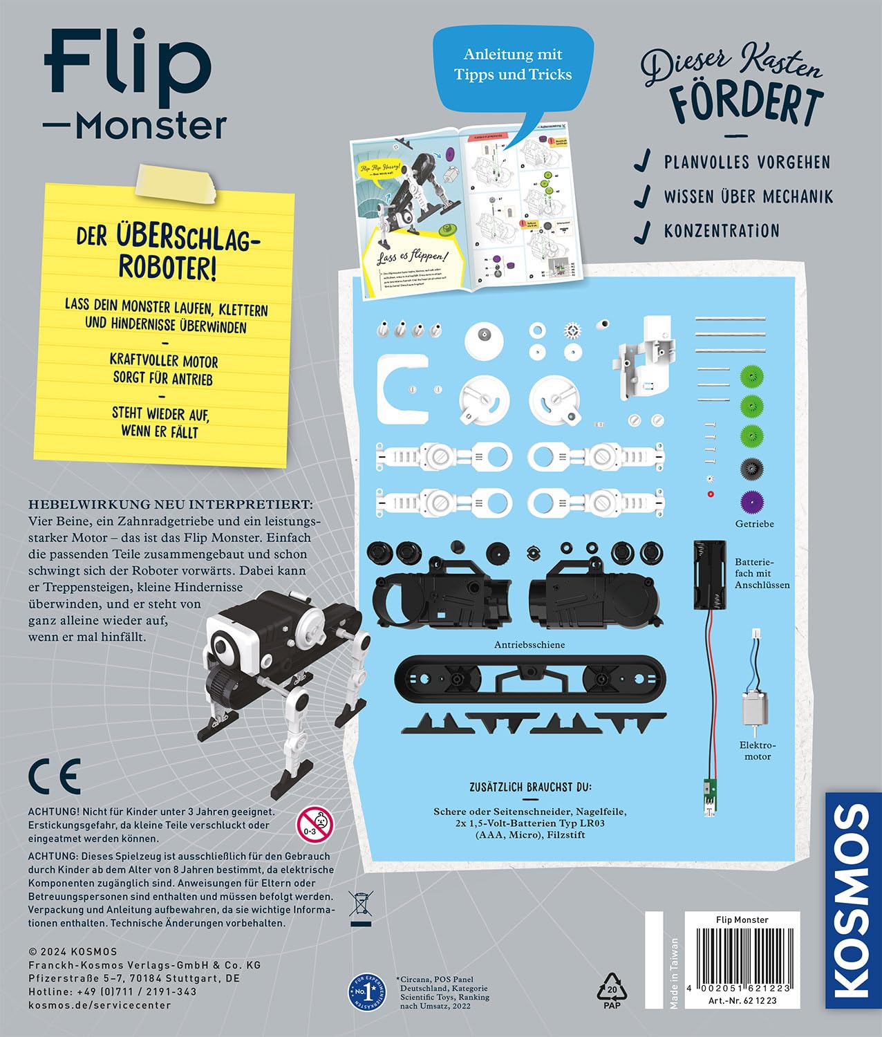 KOSMOS 621223 Flip-Monster, Dynamik-Bot, Roboter Bausatz mit innovativem Überschlagsantrieb, Spielzeug Roboter für Kinder ab 8 Jahre, Technik Bausatz, Experimentierkasten Technik
