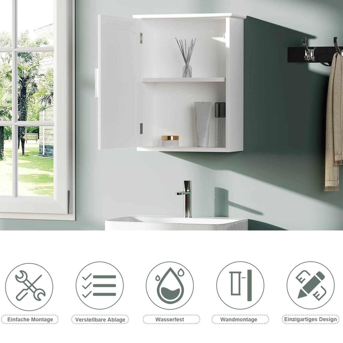 EUGAD Hängeschrank Bad, hängender Badezimmerschrank Badschrank Arzneischrank Medizinschrank, Wandschrank mit Tür, verstellbare Ablage, Weiß, 40x51x17 cm