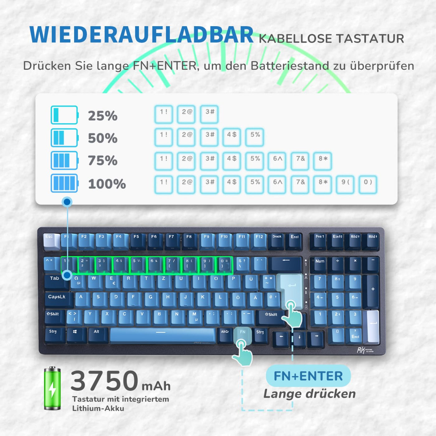 RK ROYAL KLUDGE RK98 Mechanische Tastatur Kabellose Gaming Tastatur 2.4G/Bluetooth 5.1/USB-C RGB Hinterleuchtet Deutsches Layout QWERTZ 100 Tasten Hot Swappable Braune Schalter, Blau