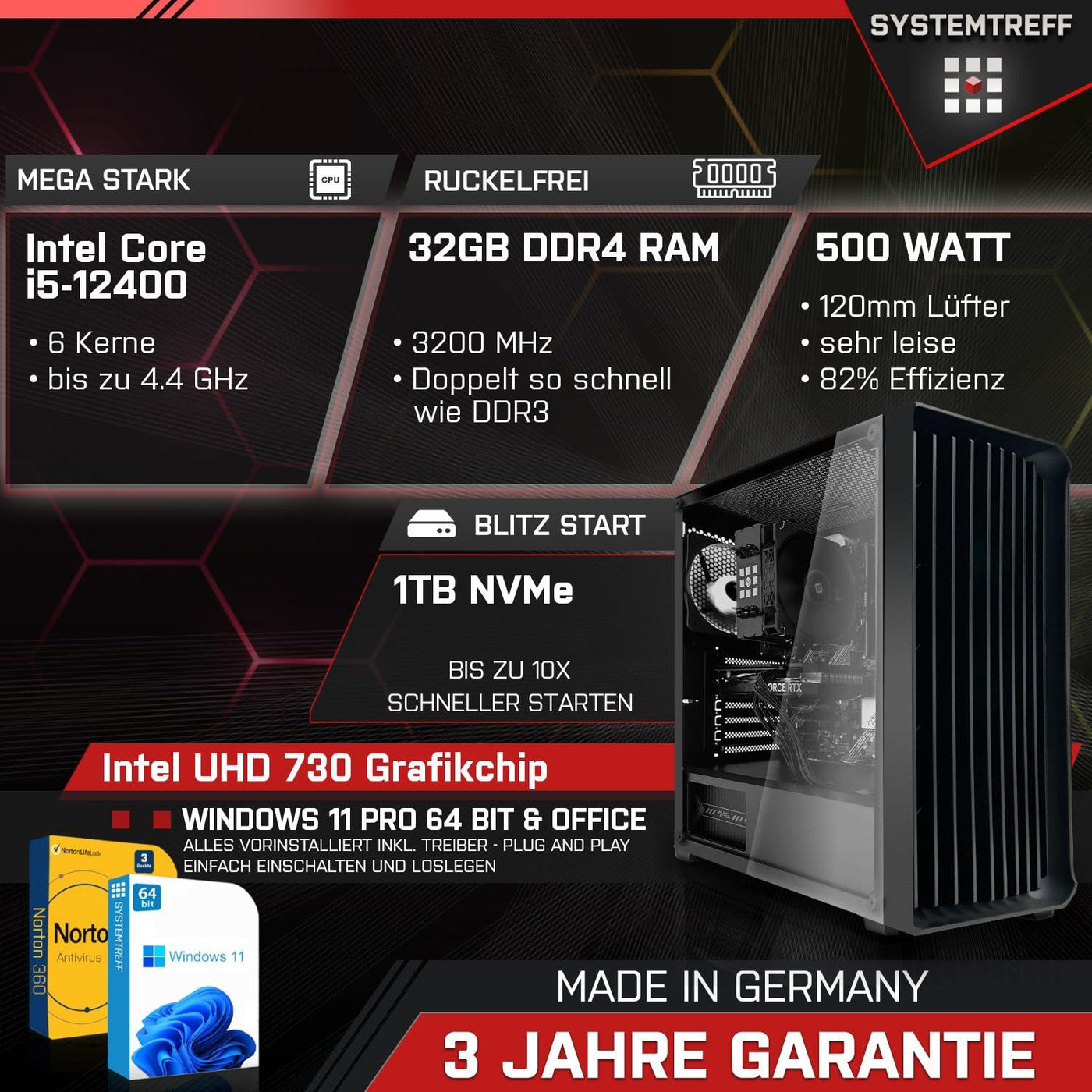 SYSTEMTREFF Office Komplett PC Set Intel Core i5-12400 6x4.4GHz | UHD 730 4K HDMI DX12 | 1TB M.2 NVMe | 32GB DDR4 RAM | WLAN Silent Desktop Paket Computer Rechner für Büro Business Multimedia