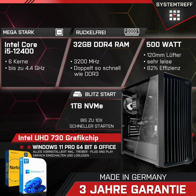 SYSTEMTREFF Office Komplett PC Set Intel Core i5-12400 6x4.4GHz | UHD 730 4K HDMI DX12 | 1TB M.2 NVMe | 32GB DDR4 RAM | WLAN Silent Desktop Paket Computer Rechner für Büro Business Multimedia