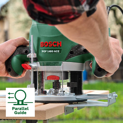 Bosch Oberfräse POF 1400 ACE (1400 W; für Holzbearbeitung; 3x Spannzange; Fräser; Parallelanschlag; Absaugadapter; im Koffer), Testnote: Testsieger (Magazin: selbst ist der Mann)