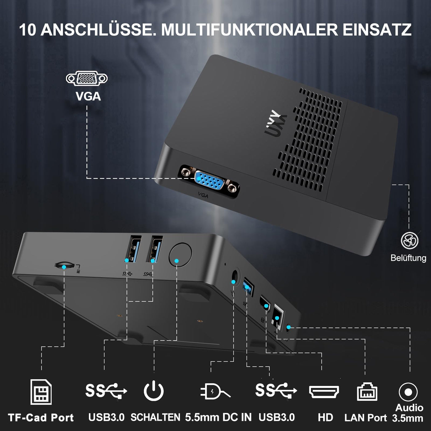UXX Mini PC Unterstützung 512GB M.2 SSD Erweiterung, N3350 Micro Desktop Computer 64GB eMMC, Gaming PC 4K UHD Dual Display, BT, 2.4/5G WiFi, USB 3.0, HDMI für Büro/Home (Grau)