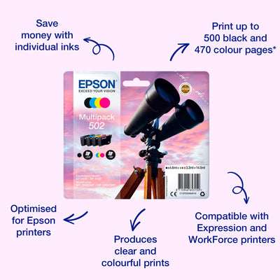 Epson Original 502 Tinte Fernglas Multipack 4-farbig Standard, XP-5100 XP-5105 XP-5150 XP-5155 WF-2860DWF WF-2865DWF WF-2880DWF WF-2885DWF, ReadyPrint Flex-Tintentarife