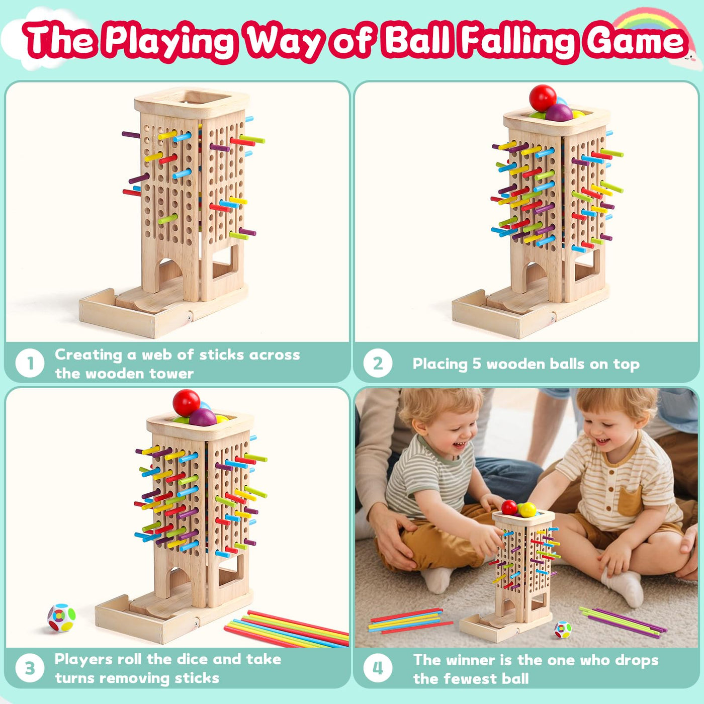 Akokie Montessori Spielzeug ab 3 Jahre Spiele ab 3 4 5 Jahren 3-IN-1 Brettspiele Lernspiele ab 4 Jahre mit 40 Holzstäbe, Aufbewahrungsbox Klassifizierung Farblernturm Kinderspiele Reisespiele Kinder