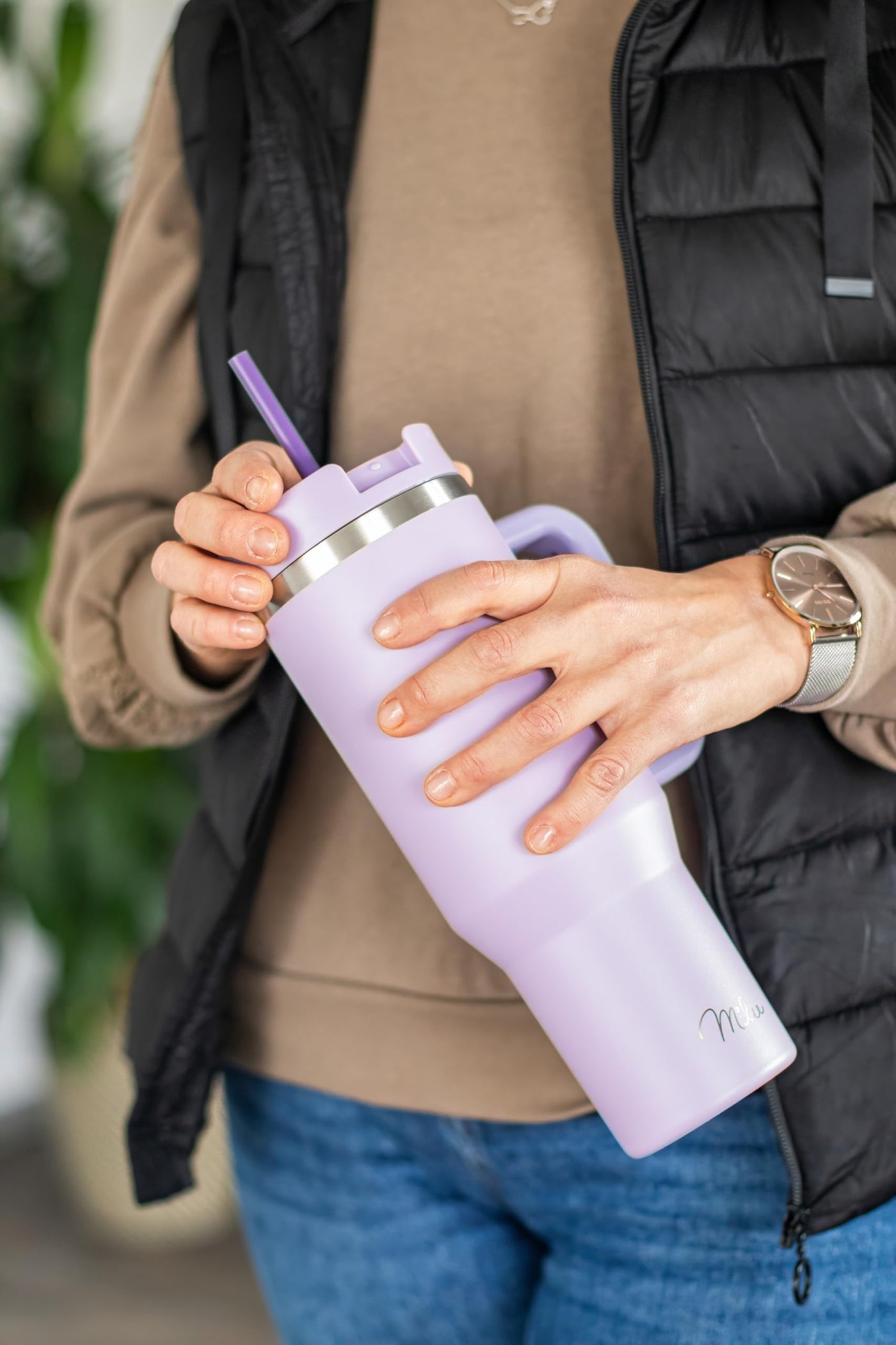 Milu Thermobecher 1200ml mit Strohhalm und Henkel – 48h Eis/24h kalt/12h heiß Edelstahl Tumbler 40oz mit Griff - Isolierbecher to go - Isolierflasche Trinkflasche doppelwandig isoliert (Lilac, 1200ml)