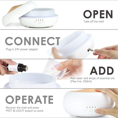 SALKING Aroma Diffuser, 250ml Ultraschall Öl Aromatherapie Diffusor für ätherische Öle, Raumbefeuchter Elektrisch Duftlampe, Warmweiß Licht Weiß Holzmaserung Diffusor für Zuhause Büro Oder Yoga