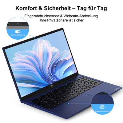 NIMO Laptop 15,6 Zoll Full HD: 16GB RAM, 1TB SSD, Intel N100, WLAN-Konnektivität, USB-C 65W, Fingerabdruck, Beleuchtete Tastatur, Leichter Computer für Arbeit & Studium, Blau