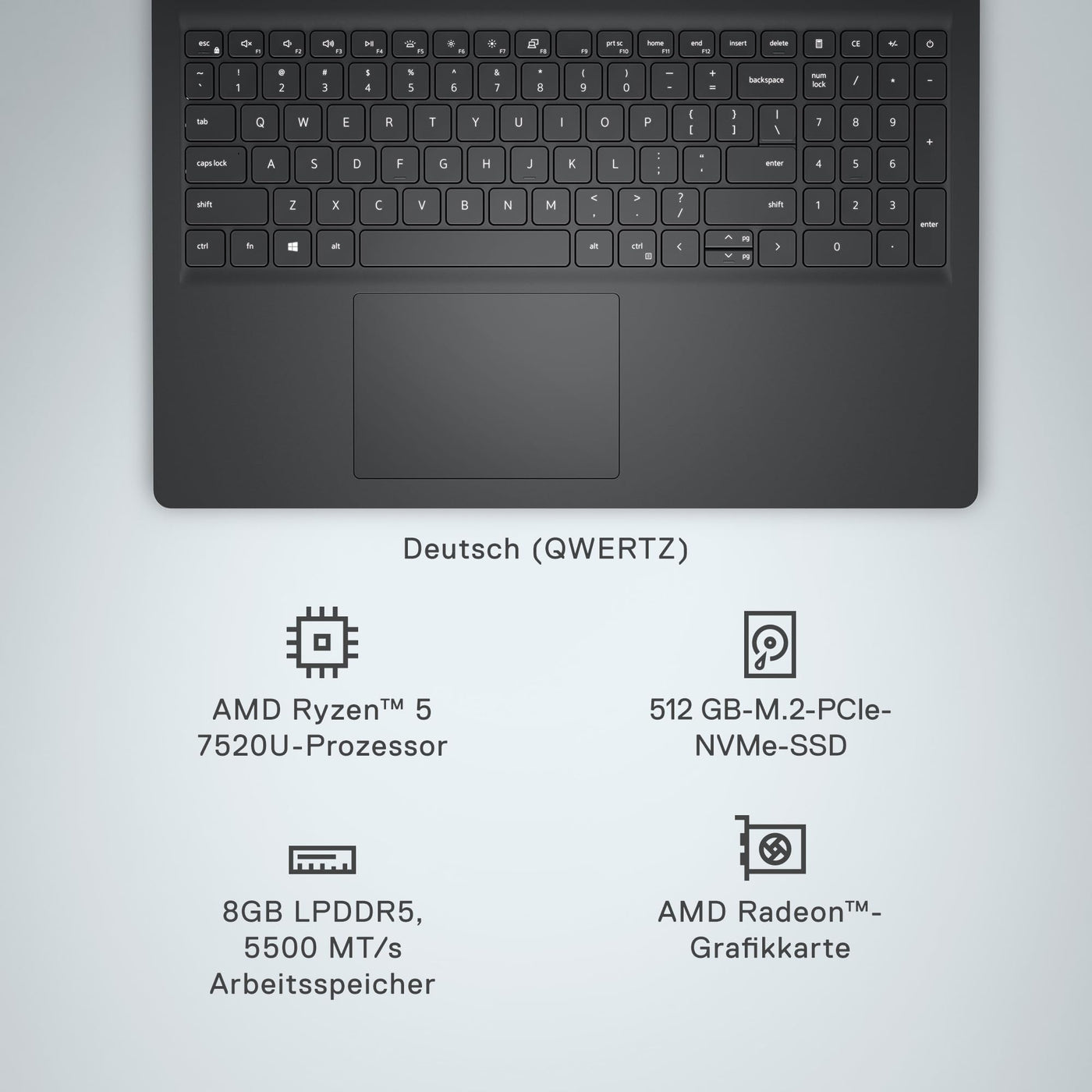 Dell Inspiron 15 3535 Laptop 15.6 Inch FHD 120Hz, AMD Ryzen 5 7520U, 8GB RAM LPDDR5, 512GB SSD, AMD Radeon Graphics, Intel Wi-Fi 6, Windows 11 Home, German QWERTY Black