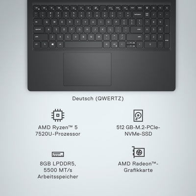 Dell Inspiron 15 3535 Laptop 15.6 Inch FHD 120Hz, AMD Ryzen 5 7520U, 8GB RAM LPDDR5, 512GB SSD, AMD Radeon Graphics, Intel Wi-Fi 6, Windows 11 Home, German QWERTY Black