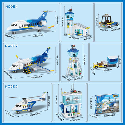 CUBIMANA City Passagierflugzeug Baukasten Set, 3 IN 1 Flugzeug Baukasten mit Terminal, Radarturm, Gepäckwagen Flugzeuge Modell Bausteine Spielzeug Geschenk für Jungen Mädchen Kinder 6 7 8 9+ Jahre alt