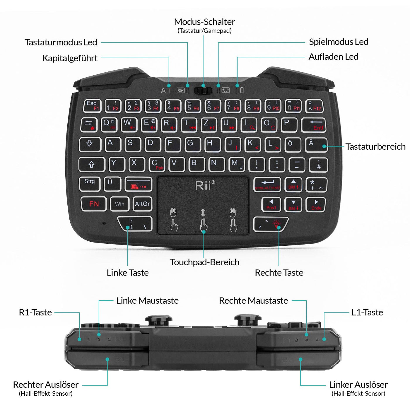 Rii Gaming Controller Wireless mit Tastatur mit Touchpad, 3-in-1-Funktionalität, 2,4GHz-Empfänger-Anschluss, Wiederaufladbare, Weiße Hintergrundbeleuchtung