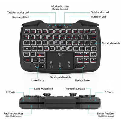 Rii Gaming Controller Wireless mit Tastatur mit Touchpad, 3-in-1-Funktionalität, 2,4GHz-Empfänger-Anschluss, Wiederaufladbare, Weiße Hintergrundbeleuchtung