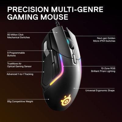 SteelSeries Rival 5 - Gaming-Maus - TrueMove Air Optische Sensor mit 18CPI - 9 programmierbare Tasten - Federleichte 85 Gramm, Schwarz