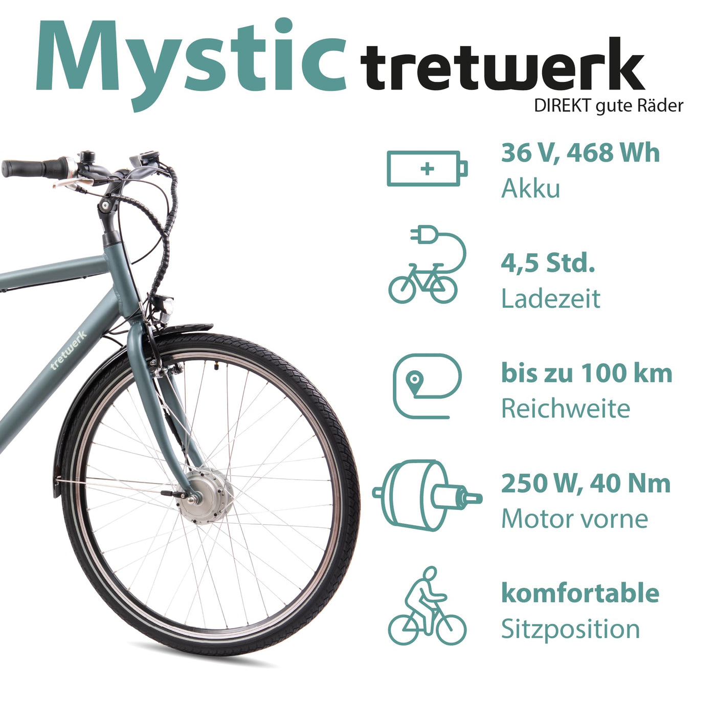 TRETWERK - 28 Zoll E-Bike Herren Pedelec - Mystic grau - E-Citybike Herrenfahrrad mit 7 Gang Shimano Nexus Nabenschaltung - Elektrofahrrad mit Frontmotor 250W, 36V
