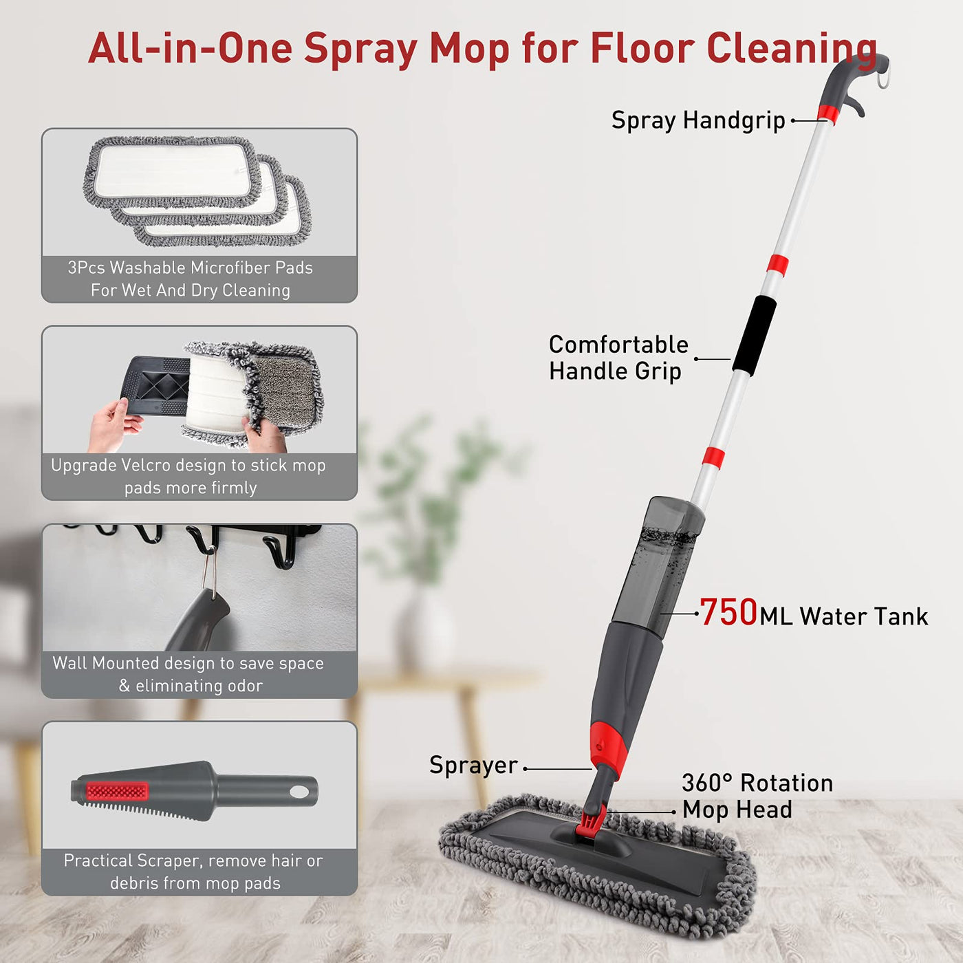 Homgif Sprühwischer 135CM Wischmopp mit Sprühfunktion, 750ML Spray Mop Bodenwischer mit Sprühfunktion, Home Küche Wischer Bodenreinigung mit 3 Aktualisiert Waschbaren Mikrofaserbezug
