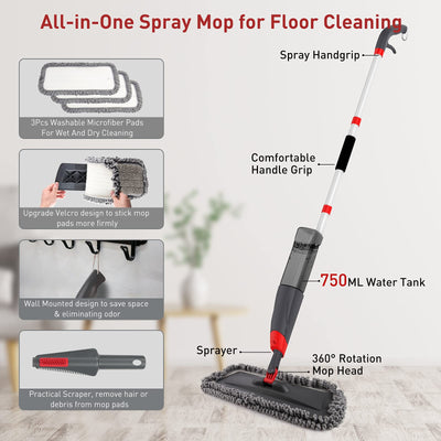 Homgif Sprühwischer 135CM Wischmopp mit Sprühfunktion, 750ML Spray Mop Bodenwischer mit Sprühfunktion, Home Küche Wischer Bodenreinigung mit 3 Aktualisiert Waschbaren Mikrofaserbezug