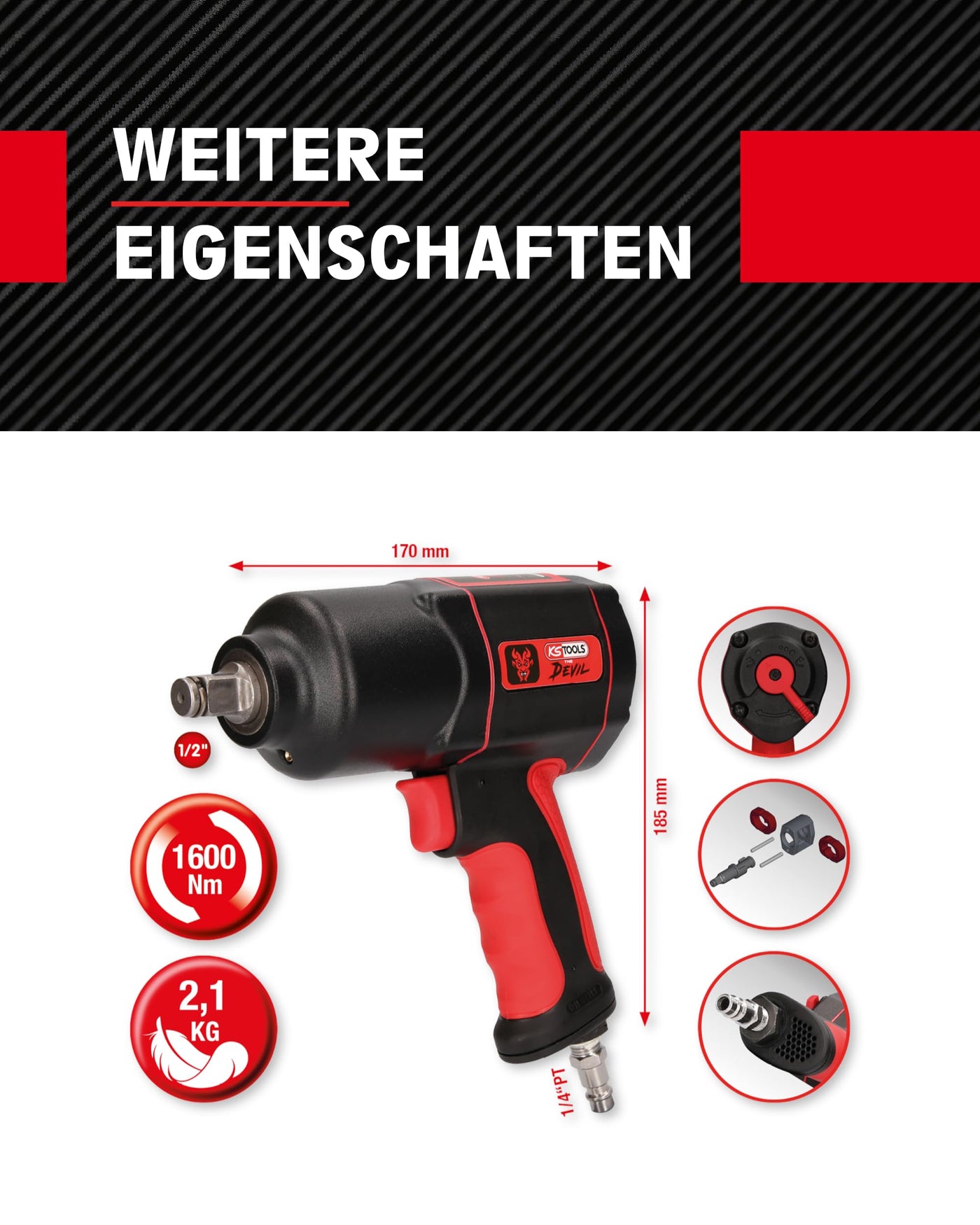 KS Tools THE DEVIL Schlagschrauber Druckluft 515.1200 I Druckluft Schlagschrauber mit praktischem Umschalthebel L/R I Hochleistungs-Doppel-Hammer-Schlagwerk