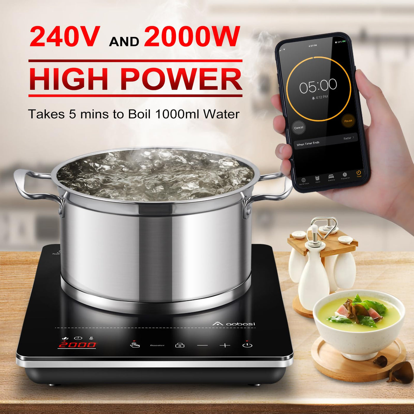 Aobosi Induktionskochplatte,Induktionskochfeld 1 Platte, 10 Leistungsstufen und 10 Temperaturstufen,Kompakte Größe,2000W Tragbares Induktionskochfeld,LED Display,3H-Timer,Booster-Funktion