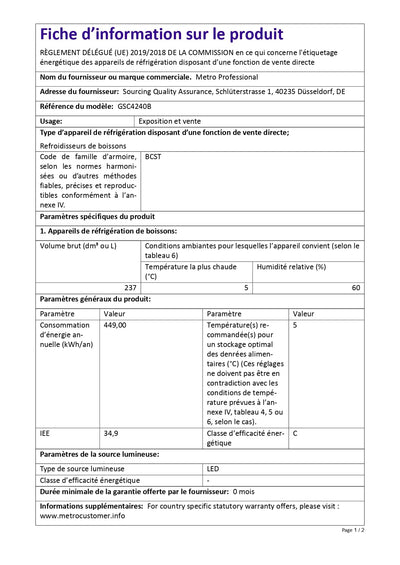 METRO Professional Getränkekühlschrank GSC4240, 237 L, 110 W, 6 verstellbaren Einlegeböden, schwarz