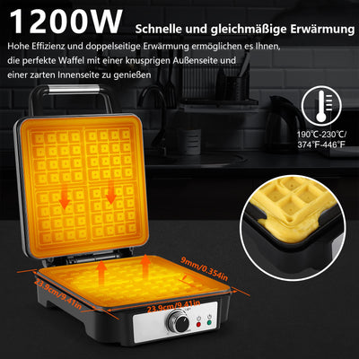 YASHE Waffeleisen Belgische Waffel, 4-Scheiben Quadratisches Belgisches Waffeleisen, 5 Bräunungsknopf, Kontrollleuchten, Anti-Überlauf, Antihaftbeschichtung, 1200W, Silber/Schwarz