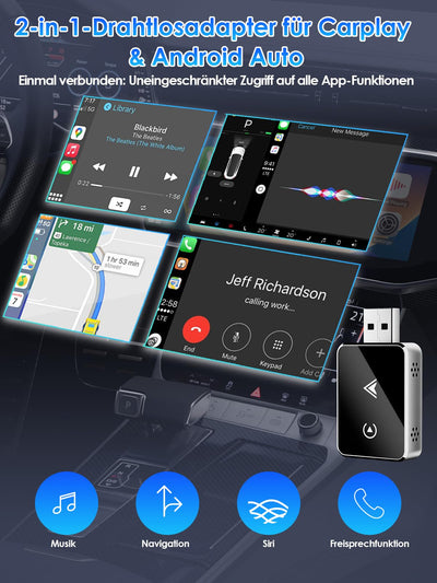 Wireless Adapter 2-in-1 für CarPlay/Android Auto, PARPAT Umwandlung von Kabelgebunden zu Kabellos mit USB/Type-C, Stabile Verbindung und Keine Verzögerung, Kompatibel mit iPhone/Android