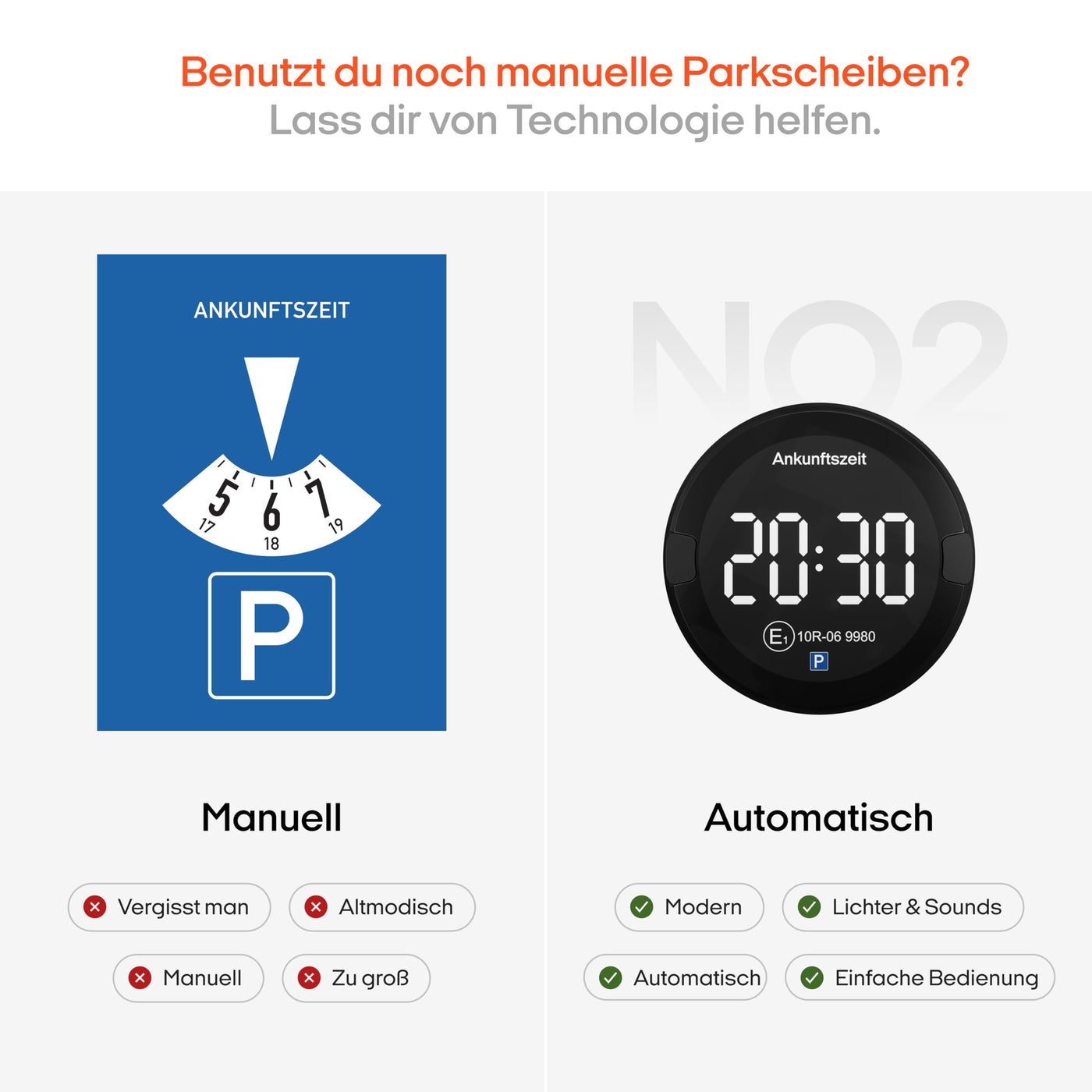 OOONO P-DISC NO2 - Elektronische Parkscheibe mit Zulassung fürs Auto - Automatische Digitale Parkscheibe Elektrisch mit Zulassung vom KBA nach StVO - Elektrische Parkuhr Auto zugelassen