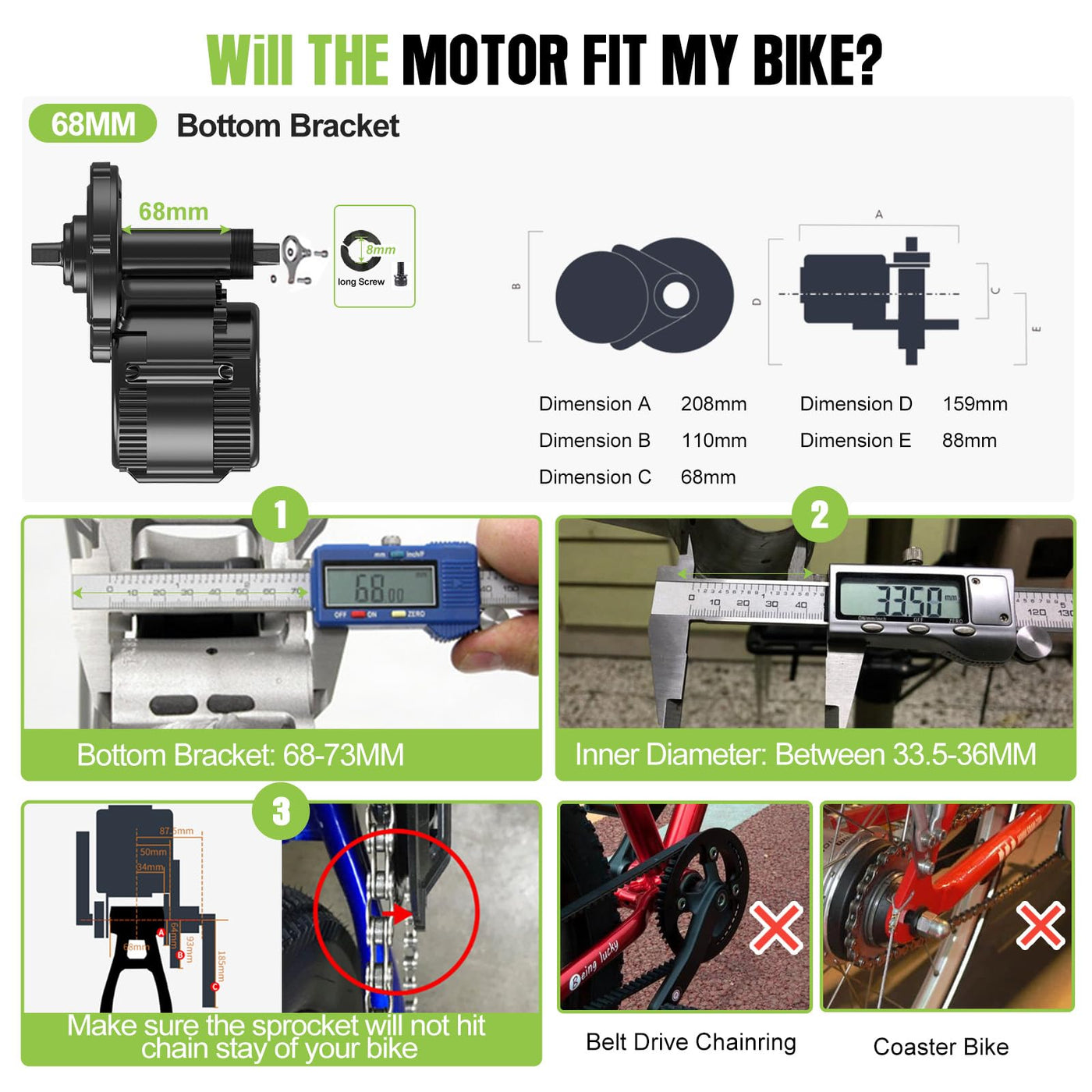 BAFANG 48V 500W Mittelmotor – BBS02B Mittelmotor-Kit mit optionalem Akku und LCD-Display für 68-73 mm Tretlager, 8fun BBS02 G340 Elektrofahrrad-Umrüstkit, DIY E-Bike-Kit mit CAN-Protokoll