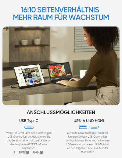 ARZOPA 16.1'' 144Hz Tragbarer Monitor mit Einem Standfuß, 100% sRGB 1920×1080P FHD HDR 144HZ Gaming Monitor, Ultra-dünn - Augenschutz-Externer Zweiter Bildschirm für Laptop/PC/Mac/PS3/4/5/Xbox - Z1FC