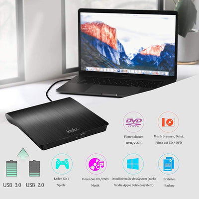 Antika Externes DVD Laufwerk CD DVD Brenner Player USB 3.0 Writer DVD/CD +/-RW CD Laufwerk für Laptop Desktop mit Mac/OS//Linux/Win11/Win10/Win8/XP