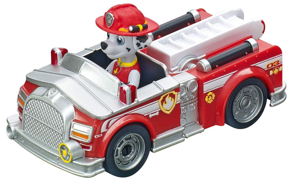 Carrera First PAW Patrol, Race 'N' Rescue – 3,5 Meter Lange Bahn mit Licht-, Sound- & Musikeffekten, interaktive Funktionen – Für aufregende Rettungsmissionen und Abenteuer im Kinderzimmer