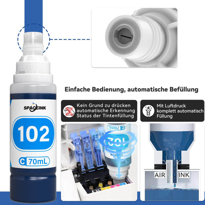 Spaceink Tinte 102 Multipack kompatibel für Epson ET-4850 ET-4750 ET-2850 ET-2750 ET-15000 ET-2700 ET-3700 ET-3850 ET-4856 ET-2751 ET-2756 ET-2851 ET-2856 Drucker (2Schwarz, C, M, Gelb)