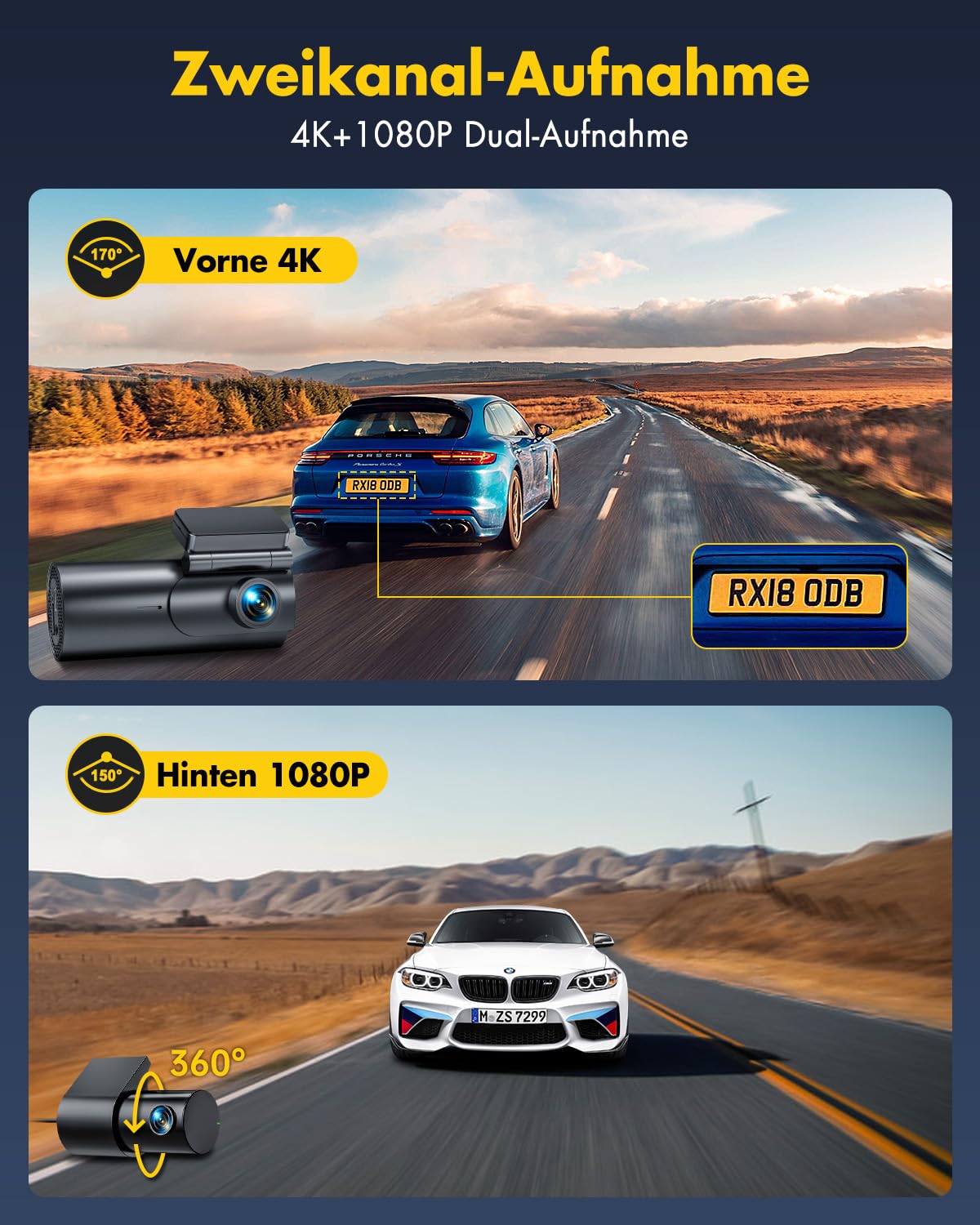 GKU Dashcam Auto Vorne Hinten 4K+1080P, 5GHz WiFi Dash Cam mit 64GB SD Karte, Auto Kamera mit Parküberwachung, Super Nachtsicht, WDR, 170° Weitwinkel, G-Sensor, Loop-Aufnahme, APP Steuerung, Max 256GB