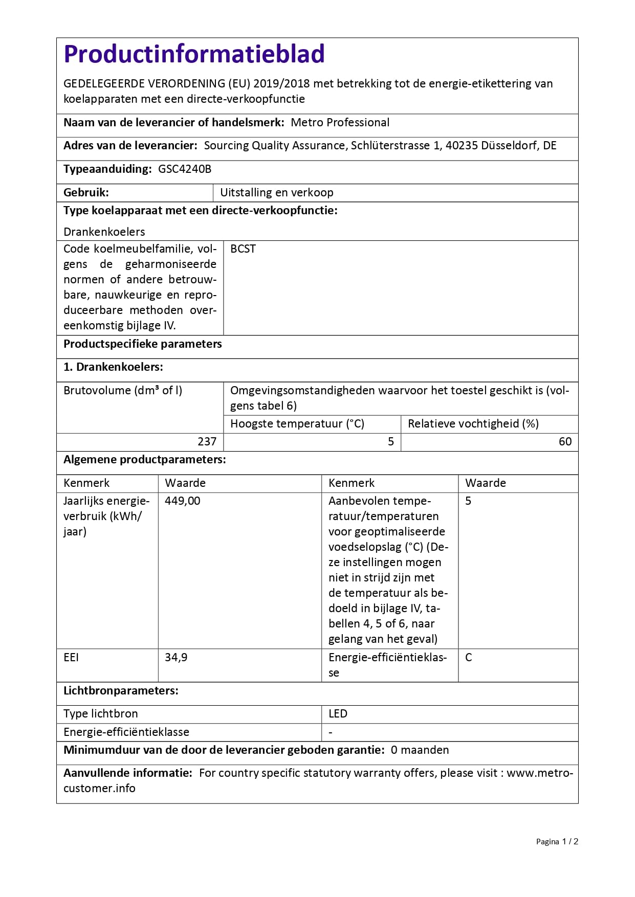 METRO Professional Getränkekühlschrank GSC4240, 237 L, 110 W, 6 verstellbaren Einlegeböden, schwarz