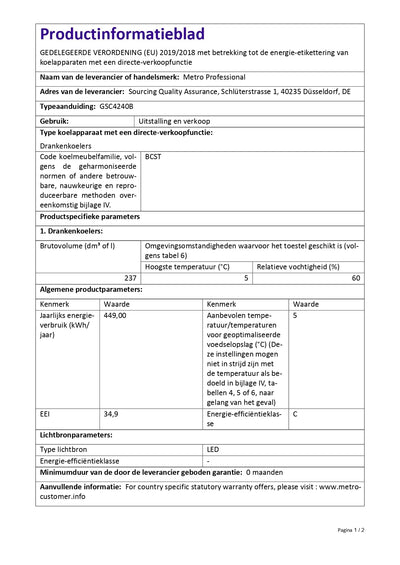 METRO Professional Getränkekühlschrank GSC4240, 237 L, 110 W, 6 verstellbaren Einlegeböden, schwarz