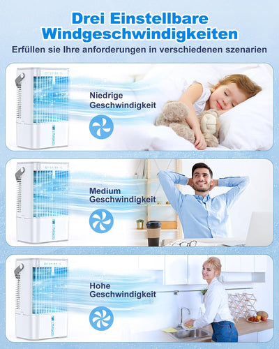 RenFox Mobiler Klimaanlage 4 in 1 Energiesparender Mini Luftkühler mit großem wassertank (1200 ml), 3-Stufen Verdunstungskühlung, 7 Farb-LED, Timer und geräuscharm für Home Office und Schlafzimmer