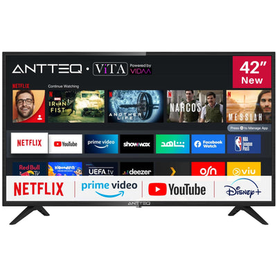 Antteq AV42F3 Fernseher 42 Zoll (106 cm) Smart TV mit Netflix, Prime Video, Rakuten TV, DAZN, YouTube, UVM, WiFi, Triple-Tuner DVB-T2 / S2 / C